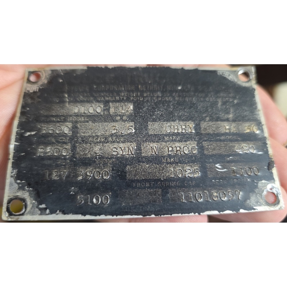 1963 Dodge D100 1/2 Ton Truck Data Plate Tag Chrysler Vintage